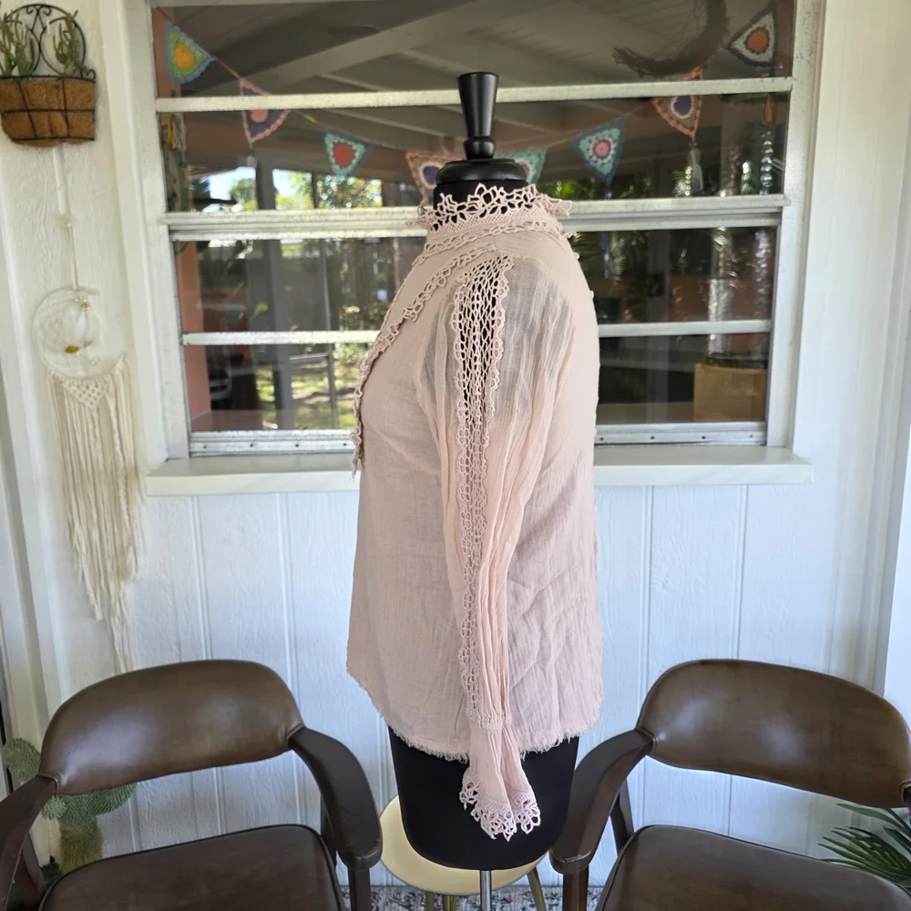 Free People FP One Victoria Top Blush Crochet-Trim Long Sleeve Top